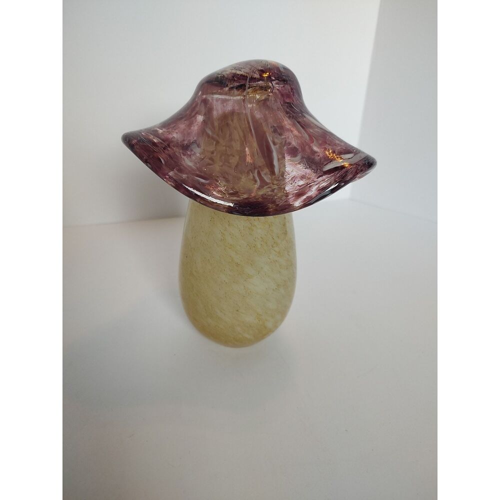 Murano Style Art Glass Mushroom Paperweight Figurine Sculpture Ivory Purple 8"